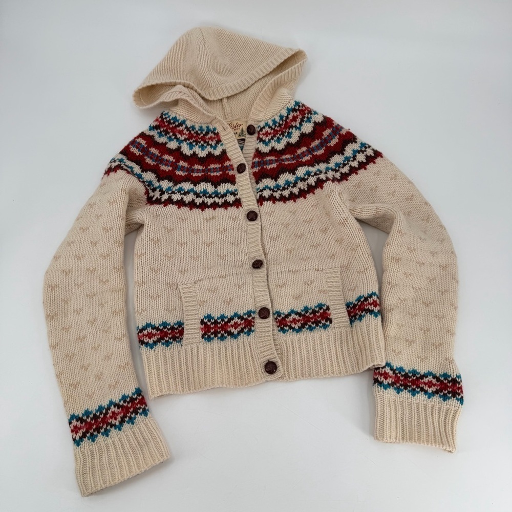 Vintage Y2K Hollister Fair Isle Cardigan Sweater Lambs Wool Medium Baby Fit